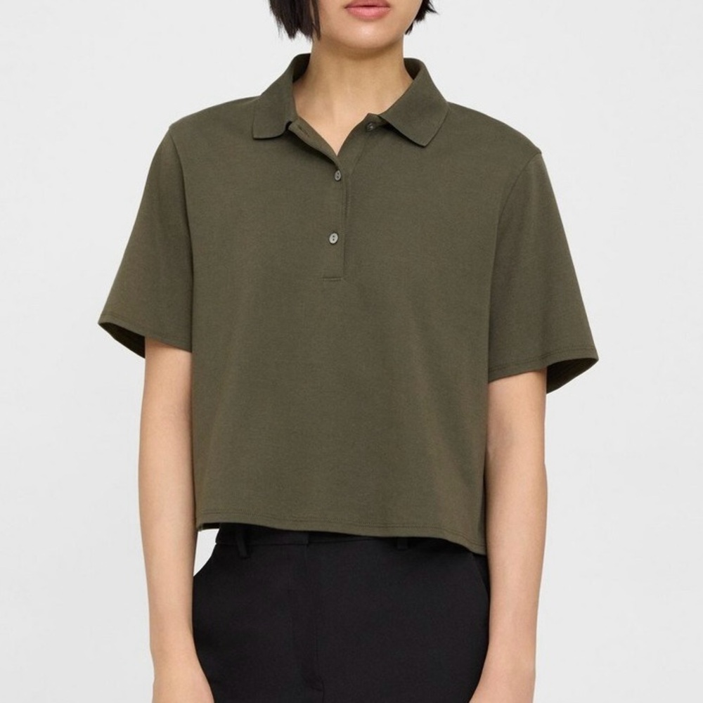 Theory Cropped Polo in Cotton Jersey in dark olive size small 100% supima cotton